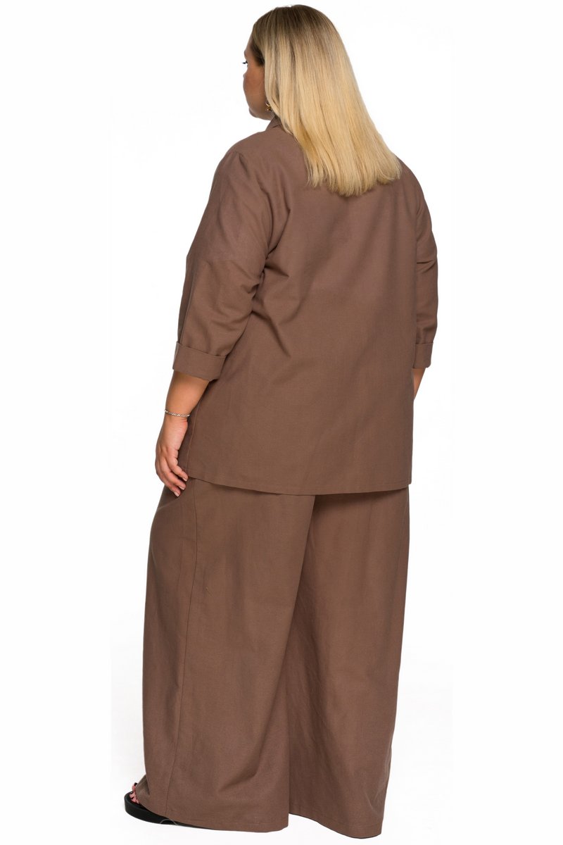 Брюки широкие из льна с карманами, цвет мокко