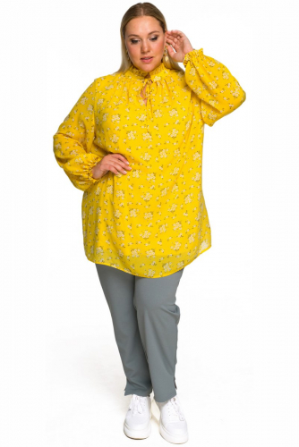 Блуза со стоечкой, шифон принт нежно-желтый