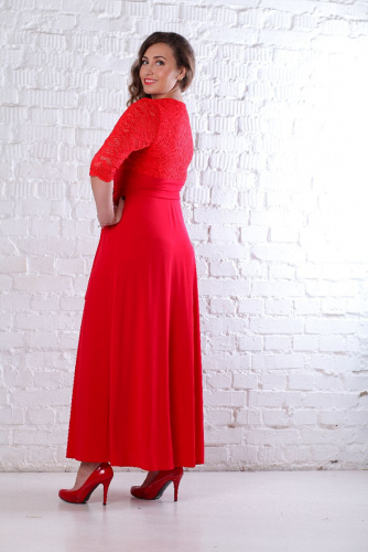 Платье длинное с кружевным лифом, рукав 3/4 красное