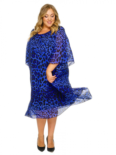 Платье с защипами по горловине, шифон принт синий леопард