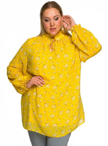 Блуза со стоечкой, шифон принт нежно-желтый