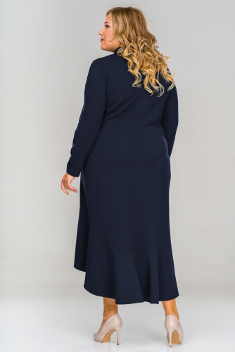 Платье с асимметричным низом и кокеткой из сетки, темно синее