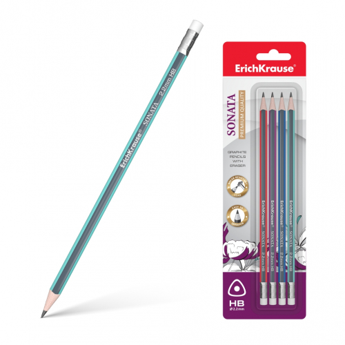 Чернографитный трехгранный карандаш с ластиком  ErichKrause® Sonata HB (в блистере по 4 шт.)