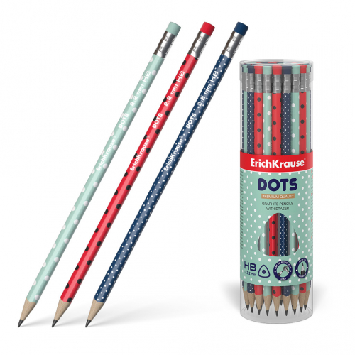 Чернографитный трехгранный карандаш с ластиком ErichKrause® Dots HB (в тубусе по 42 шт.)