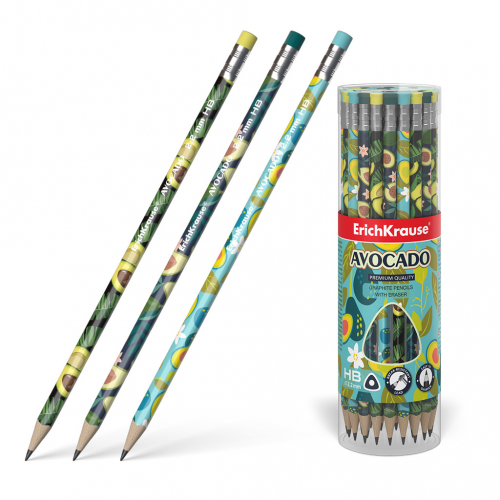 Чернографитный трехгранный карандаш с ластиком ErichKrause® Avocado HB (в тубусе по 42 шт.)