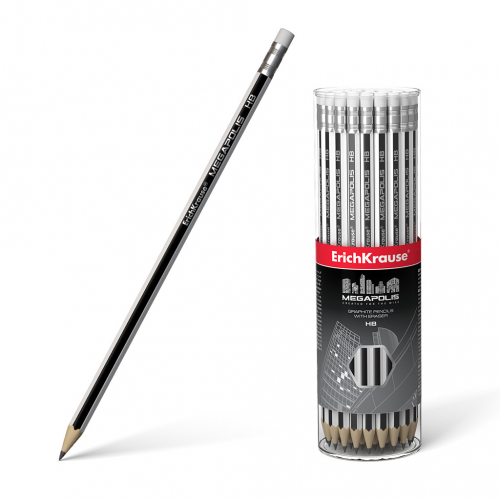 Чернографитный шестигранный карандаш с ластиком ErichKrause® MEGAPOLIS HB (в тубусе по 42 шт.)