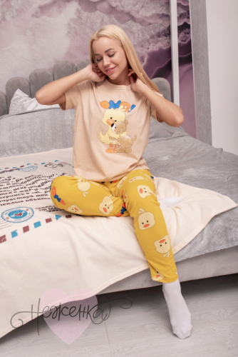 Женская пижама ЖП 024 (бежевый+цыплята на желтом)