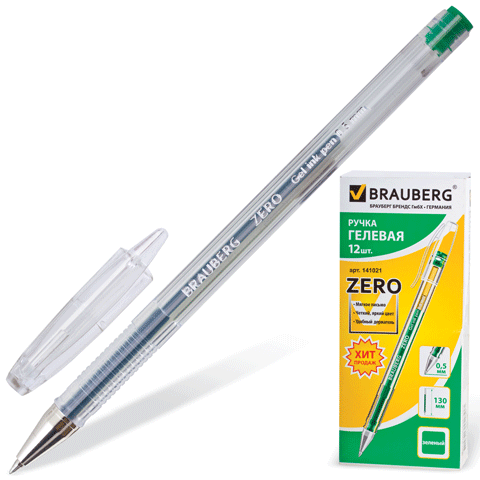 Ручка гелевая, корпус прозрачный, толщина письма 0,5 мм, зеленая BRAUBERG 