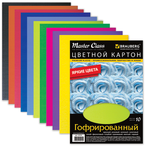 Цветной картон А4, 10 цветов, 10 листов, НАБОР, гофрированный BRAUBERG (124749)