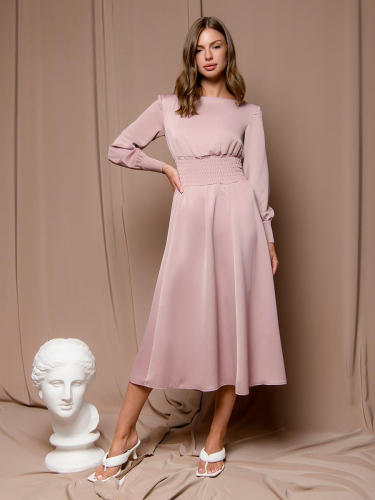 Платье розовое длины миди с широкой резинкой на талии