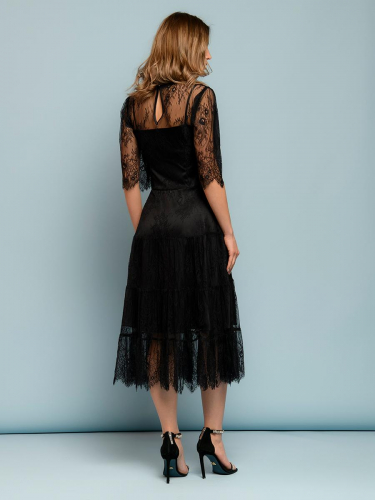 Платье черное длины миди с кружевом и объемными рукавами