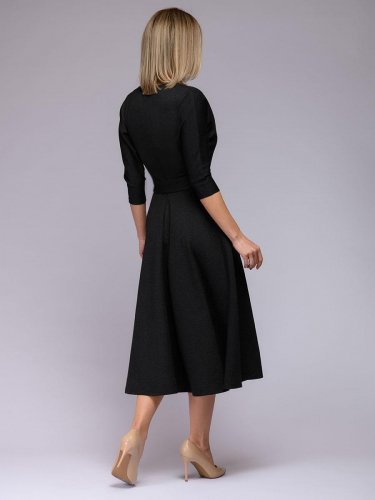 Платье черное длины миди с меланжевым эффектом и рукавами 