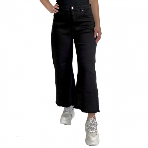 Черные широкие женские джинсы - высокая посадка, естественная бахрома по нижнему краю №251