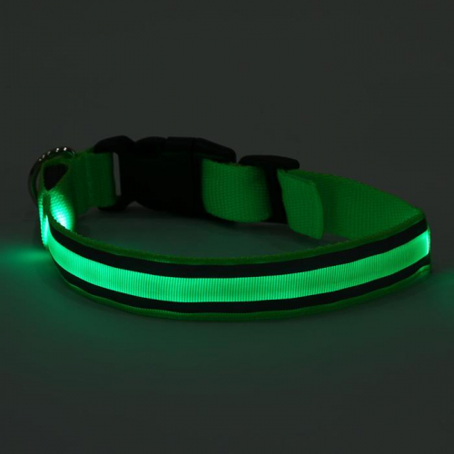 Ошейник с подсветкой и 2 светоотражающими полосами, 40-45 см, 3 режима свечения, зелёный