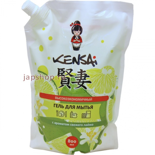 Kensai Гель высокоэкономичный для мытья посуды и детских принадлежностей, с ароматом лайма, мягкая упаковка, 800 мл (4607974420924)