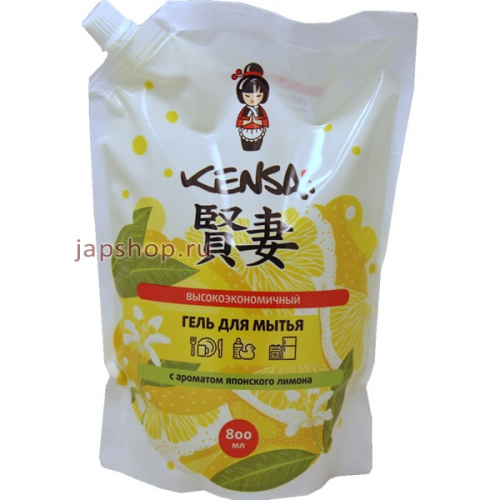 Kensai Гель высокоэкономичный для мытья посуды и детских принадлежностей, с ароматом японского лимона, мягкая упаковка, 800 мл (4607974420931)