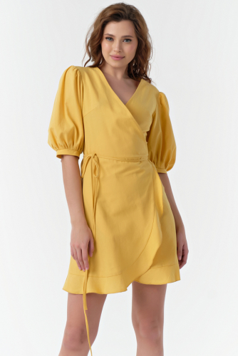 Платье летнее мини с запахом из хлопка желтое
