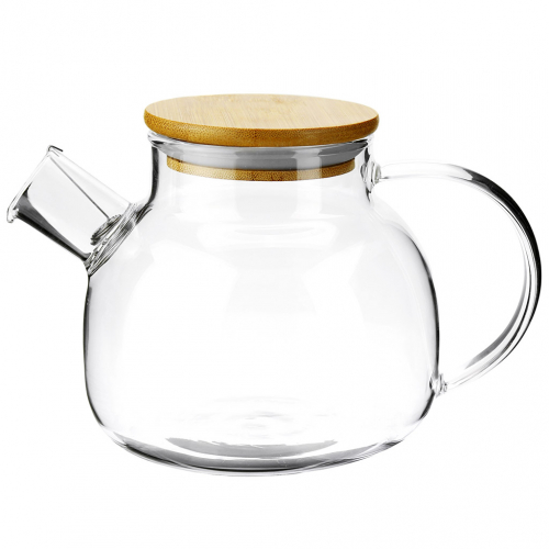 Чайник заварочный 1л, д13,5см, h11,7см, жаропрочная стеклянная колба, крышка-бамбук, с пружинкой-фильтром 