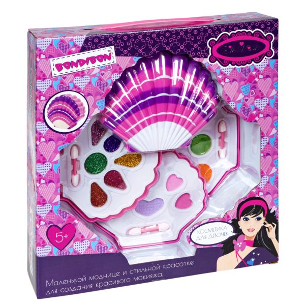 Набор детской декор. косметики Bondibon Eva Moda, BOX 26,7х28,5х7,3 см; косметичка-ракушка, тени для век 6 оттенков (4,2г), тени для век с блёстками 6 оттенков (4,2г), блеск для губ 5 оттенков (3,5г), аппликаторы 3 шт.,арт. 10388A2.