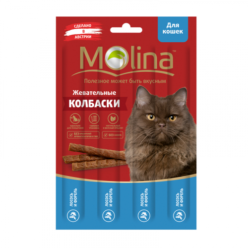 Molina Жевательные колбаски для кошек Лосось и форель, 4 шт. по 5 г.