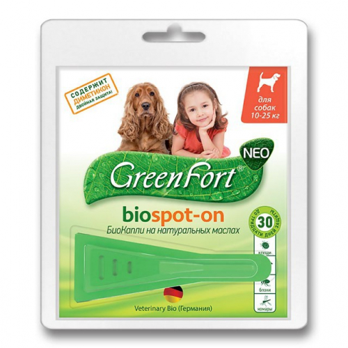 GreenFort БиоКапли от эктопаразитов (блох,вшей,власоедов,комаров,мух,слепней,иксодовых клещей) для собак, массой от 10 до 25 кг, 1 пипетка