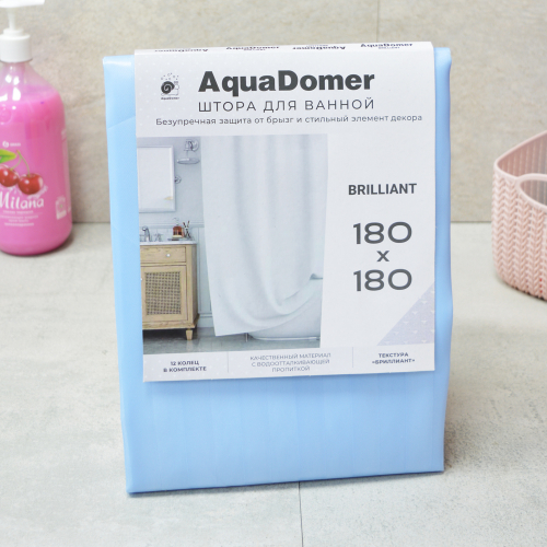 Купить Штора для ванной AQUADOMER BRILLIANT 180*180см (12 колец) (полоса на голубом)