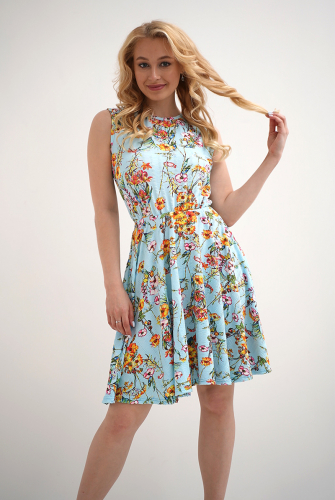 Платье с юбкой солнце П 062 (Цветы на голубом)