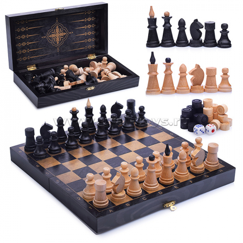 Игра 3в1 дорожная черная, рисунок золото с обиходными деревянными шахматами 