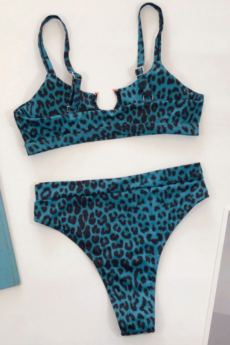 Синий леопардовый купальник бикини с высокой талией