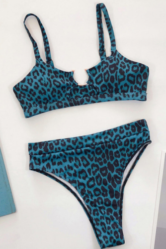 Синий леопардовый купальник бикини с высокой талией