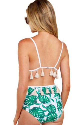 Белый купальник бикини с узором из пальмовых листьев и бахромой-кисточками