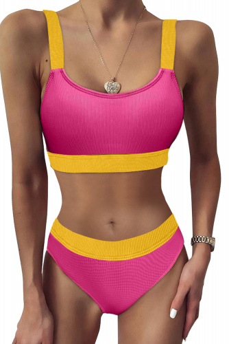 Розово-желтый раздельный купальник бикини в рубчик: укороченный топ + плавки с высокой талией