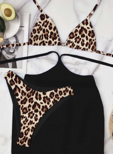 Бежевый купальник бикини с леопардовым принтом + черная пляжная юбка-саронг