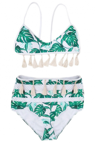 Белый купальник бикини с узором из пальмовых листьев и бахромой-кисточками
