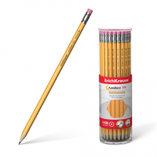 Чернографитный шестигранный карандаш с ластиком ErichKrause® Amber 101 HB (в тубусе по 42 шт.)