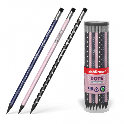 Пластиковый чернографитный трехгранный карандаш с ластиком ErichKrause® Dots HB (в тубусе по 42 шт.)