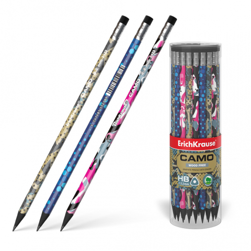 Пластиковый чернографитный трехгранный карандаш с ластиком ErichKrause® Camo HB (в тубусе по 42 шт.)