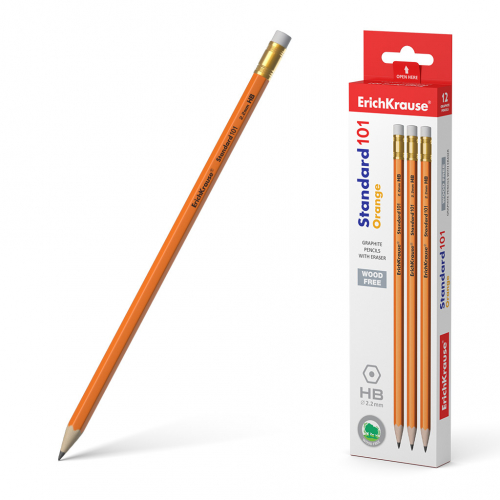88р. 130р.Пластиковый чернографитный шестигранный карандаш с ластиком ErichKrause® Standard 101 Orange HB (в коробке 12 шт.)