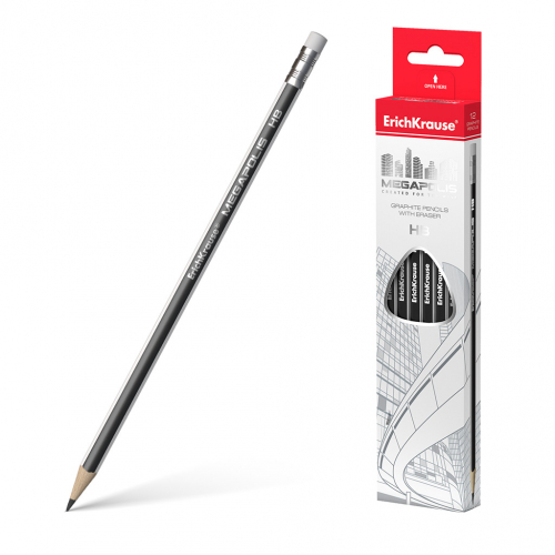 Чернографитный карандаш ErichKrause MEGAPOLIS, трехгранный, с ластиком, HB (в коробке по 12 шт.)