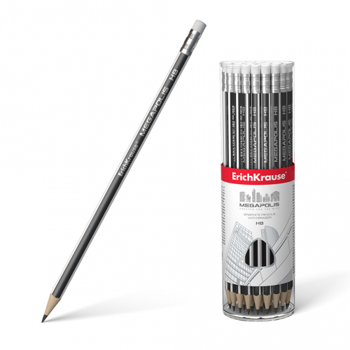 Чернографитный трехгранный карандаш с ластиком ErichKrause® MEGAPOLIS HB (в тубусе по 42 шт.)
