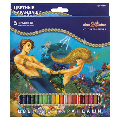 Карандаши цветные BRAUBERG “Морские легенды“, 24 цв., заточенные, картонная упаковка с блестками, 180561