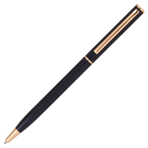 Ручка бизнес-класса шариковая BRAUBERG “Slim Black“, корпус черный, золотистые детали, 1 мм, синяя, 141402