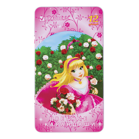 Карандаши цветные BRAUBERG “Rose Angel“, 12 цветов, металлическая упаковка, 180544