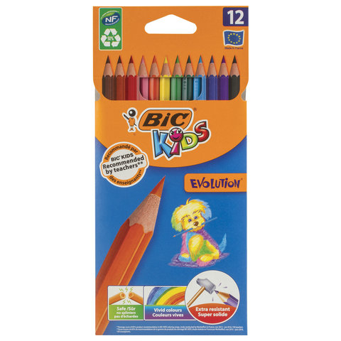 Карандаши цветные BIC “Kids ECOlutions Evolution“, 12 цветов, пластиковые, заточенные, европодвес, 82902910