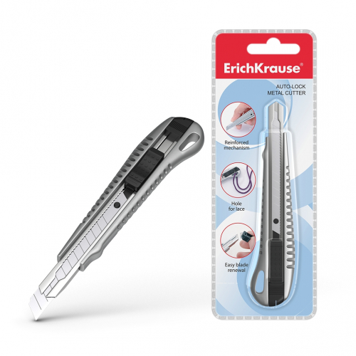 Нож канцелярский с автоматической фиксацией лезвия ErichKrause® металлический, 9мм (в пластиковом блистере по 1 шт.)