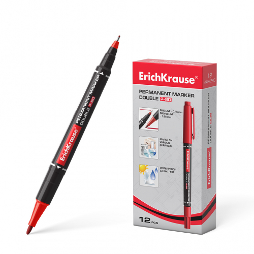 Двухсторонний перманентный маркер ErichKrause® Double P-80, цвет чернил красный (в коробке по 12 шт.)