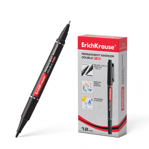Двухсторонний перманентный маркер ErichKrause® Double P-80, цвет чернил черный (в коробке по 12 шт.)