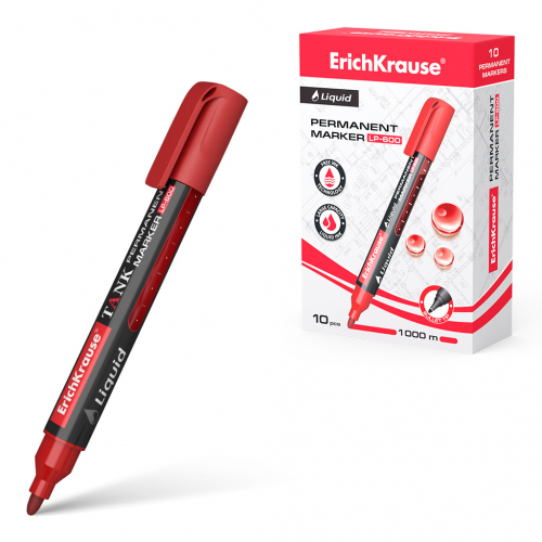 Перманентный маркер с жидкими чернилами ErichKrause® Liquid LP-600, цвет чернил красный (в коробке по 10 шт.)