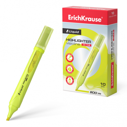 Текстмаркер с жидкими чернилами ErichKrause® Liquid Visioline V-14 Neon, цвет чернил желтый (в коробке по 10 шт.)