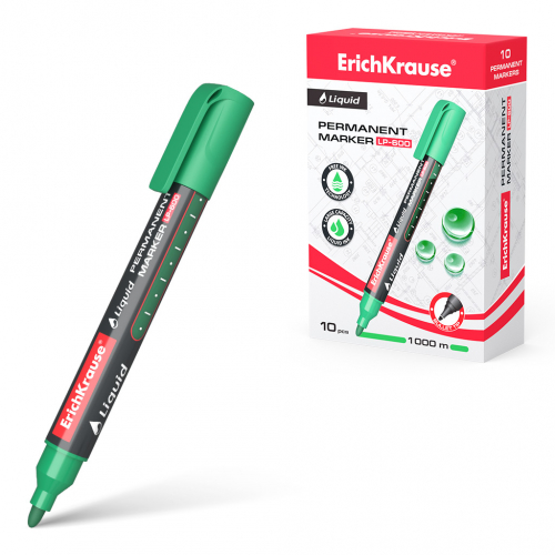 Перманентный маркер с жидкими чернилами ErichKrause® Liquid LP-600, цвет чернил зеленый (в коробке по 10 шт.)